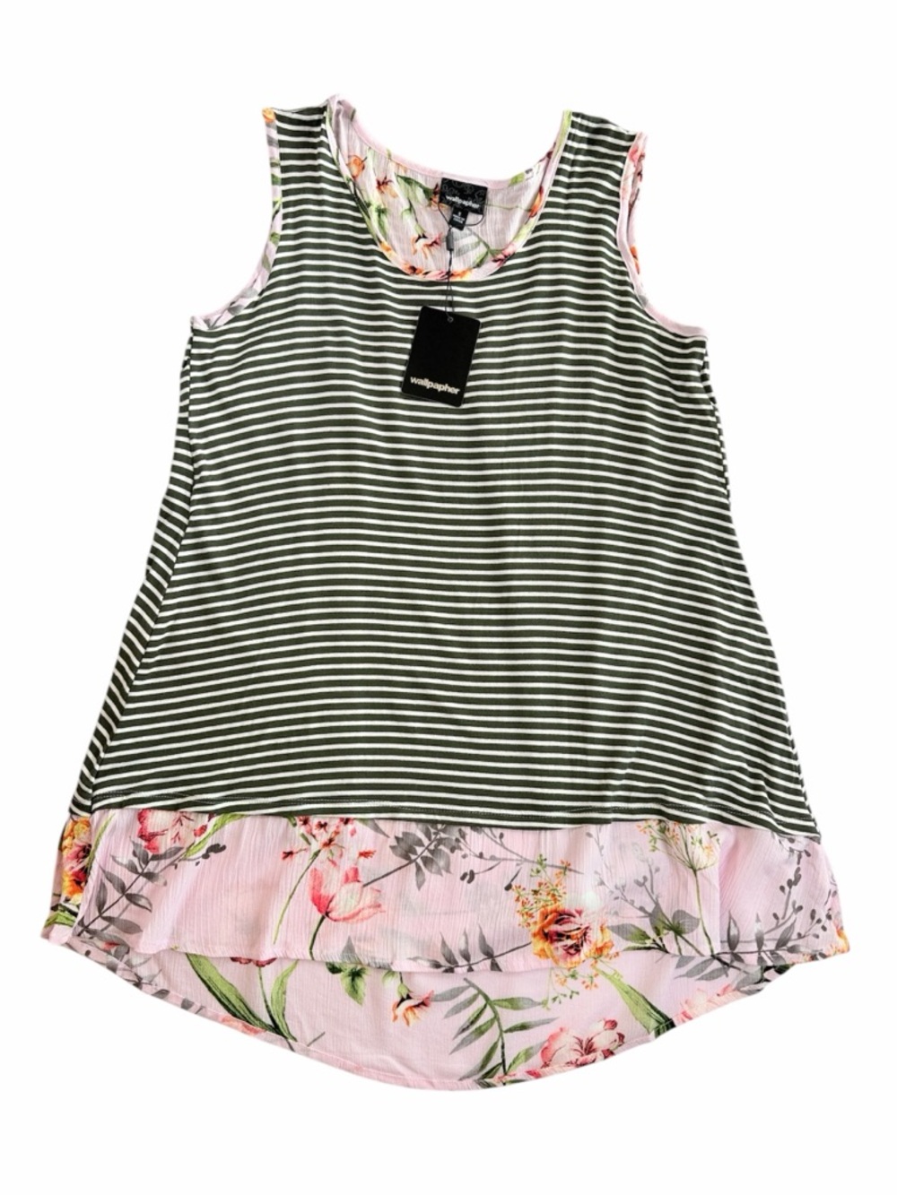 Wallpapher Striped Floral Tank Top Split Back‎ Mixed Media Blouse Small S NWT